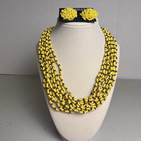 Yellow Seed Bead Necklace Earrings Set Multistrand Beaded Cluster 20-24" - Picture 6 of 11